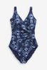 Blue/White Stripe Ruched Side Tummy Shaping Control Swimsuit, Petite