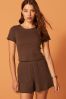 Brown Short Sleeve Lettuce Edge Frilled Ribbed Top