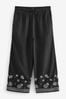 Black Linen Mix Embroidery Culotte Trousers, Regular