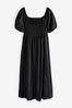 Black Puff Sleeve Square Neck 100% Cotton Midi Dress, Regular