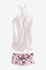 Cream/Pink Floral Print Embroidered Camisole & Shorts Set