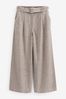 Blue Chambray Linen Mix Belted Smart Wide Leg Trousers, Petite