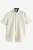 White Linen Blend Short Sleeve Shirt, Standard Collar