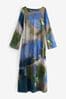 Blue Digital Abstract Print Long Sleeve Column Maxi Dress, Regular