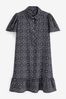Black Geo Print Mini Short Sleeve Shirt Dress, Regular