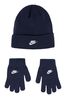 Navy Nike Club Older Kids Knitted Beanie Hat and Gloves Set