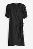 Black Short Sleeve V-Neck Wrap Mini highwaist Dress, Regular