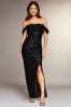Gold Lipsy Sequin Bardot Split Drape Maxi Dress