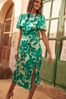Dark Green Floral Friends Like These Flutter Sleeve Printed Satin Midi Summer Dress, Petite