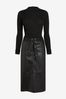 Black 2-In-1 High Neck Faux Leather PU Mix Belted Jumper Dress