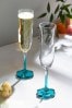 Teal Blue Set of 2 Flower Base Champagne Flutes