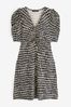 Black/White Print Ruched V-Neck Short Sleeve Midi Tea Dress, Regular/Tall
