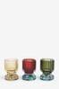 Multi Set of 3 Ribbed Glass Tealight and Taper Candle Holders