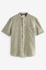 Green Linen Blend Short Sleeve Shirt, Grandad Collar