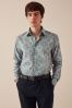 Navy Blue Floral Printed Trimmed Shirt, Regular Fit