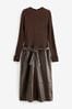 Chocolate Brown 2-In-1 High Neck Faux Leather PU Mix Jumper Dress