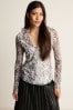 White Snake Print Long Sleeve Ruffle Front Mesh Top, Regular