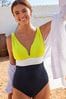 Navy Blue/Lime Green/Ecru White Plunge Tummy Shaping Control Swimsuit, Regular
