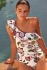 Ecru Floral Ruffle One Shoulder Tummy Shaping Control Swimsuit