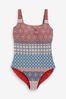 Red/Blue Woodblock Tummy Control DD+ Square Neck Swimsuit