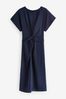 Navy Blue Twist Waist Short Sleeve Midi Dress, Regular
