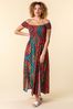 Brown Roman Print Shirred Bardot Maxi Dress