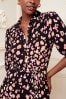Black and Nude Love & Roses Jersey Pleated Belted Midi Summer Shirt Dress, Regular