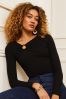 Black Love & Roses Ring Detail Asymmetric Neck Long Sleeve Ribbed Jersey Top
