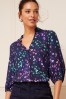 Navy Embroidery Love & Roses Ruffle V Neck 3/4 Sleeve Button Up Blouse, Regular