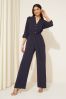 Navy Blue Friends Like These 3/4 Sleeve Belted Woven Wide Leg Jumpsuit, Regular