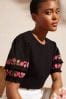 Black Love & Roses Embroidered Short Puff Sleeve Jersey T-Shirt, Regular