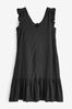 Black Linen V-Neck Blend Summer Sleeveless Shift Dress, Regular