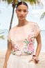 Pink Floral Print V&A | Love & Roses Satin Front Jersey Back Crew Neck T-Shirt, Petite