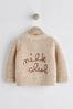 Cream Born in 2024 Brown Chunky Knitted Embroidered Baby Cardigan