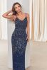 Navy Sistaglam Heavy Embellished Sequin and Beaded Cami Maxi Dress, Petite