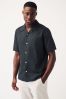 Black Linen Blend Short Sleeve Shirt, Cuban Collar