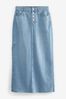 Mid Blue Button Front Side Split Denim Maxi Skirt