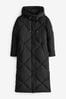 Black Long Diamond Quilted Showerproof Duvet Coat With Hood, Regular/Tall