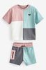 Blue/Pink Oversized Short Sleeve Colourblock T-Shirt and Shorts Set (3mths-7yrs)