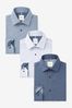 Blue Stripe And Print Single Cuff Shirts 3 Pack, Slim Fit Single Cuff