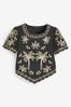 Black and Gold Palm Print Broderie Short Sleeve Top