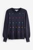 Navy Blue With Multi Heart Embroidery Round Neck Jumper