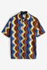 Navy Blue/Brown Short Sleeve Printed Shirt With Cuban Collar