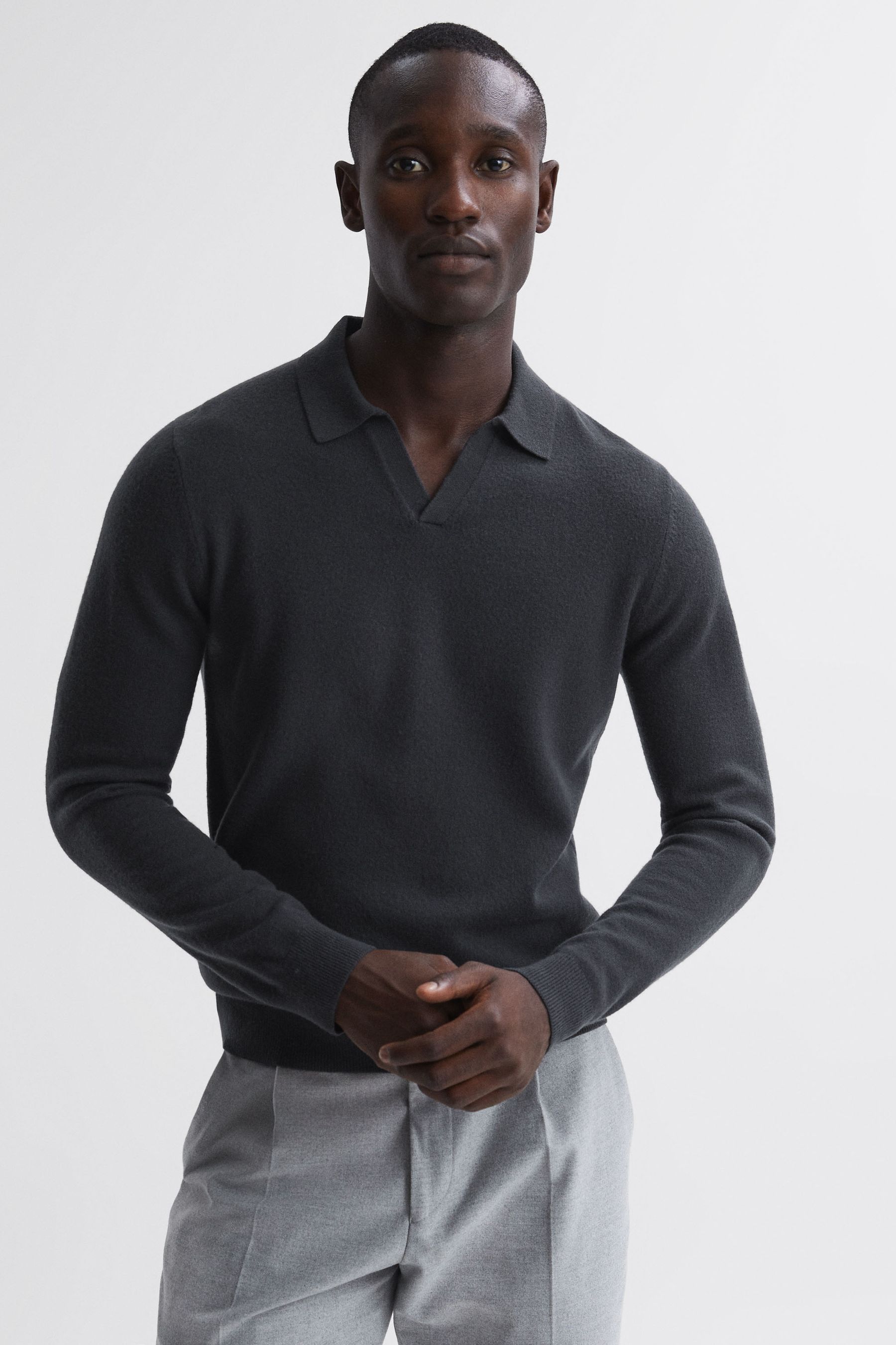 Reiss Anthracite Grey Merino Wool Open Collar Top
