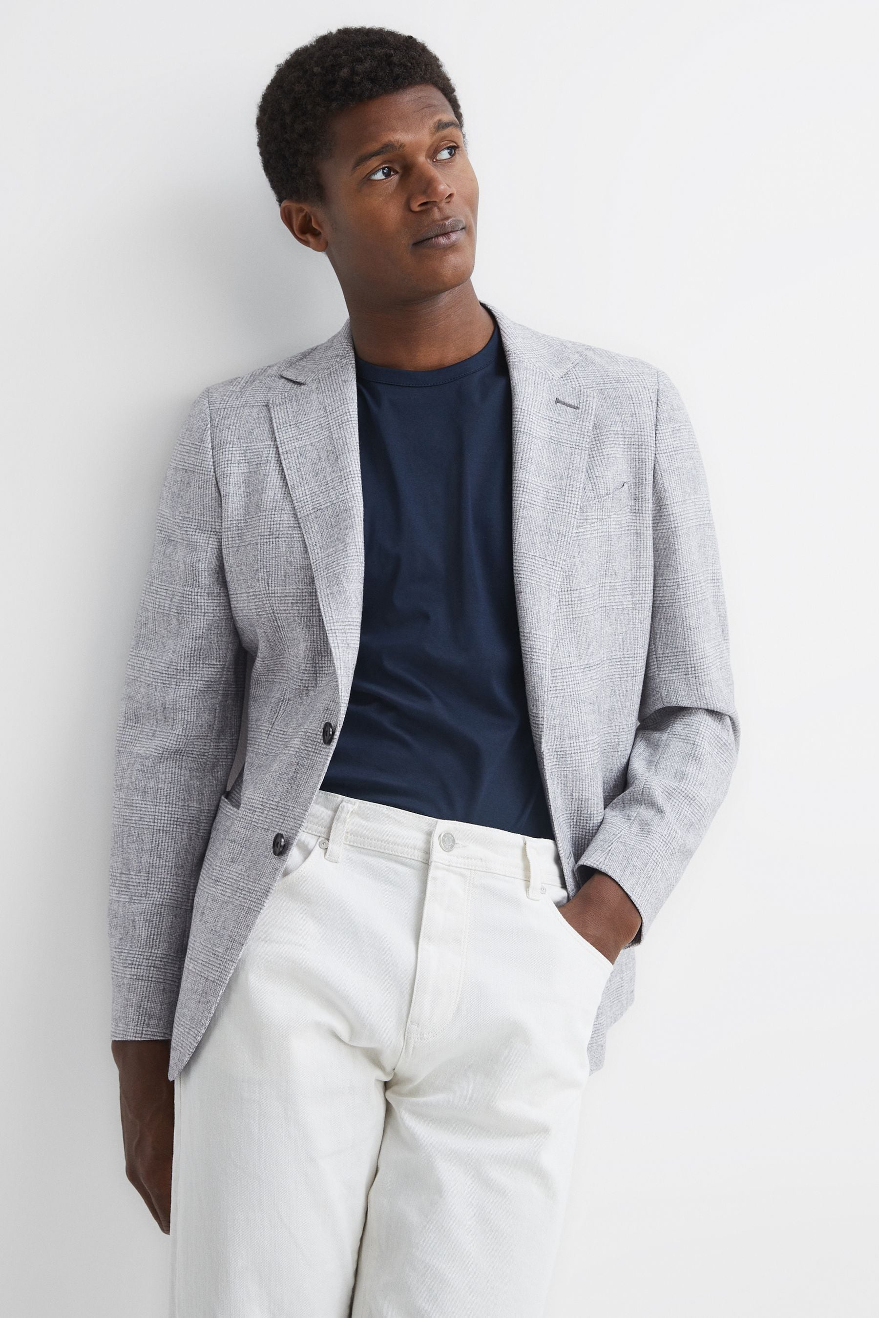 Reiss Grey Single Breasted Check Blazer, 42