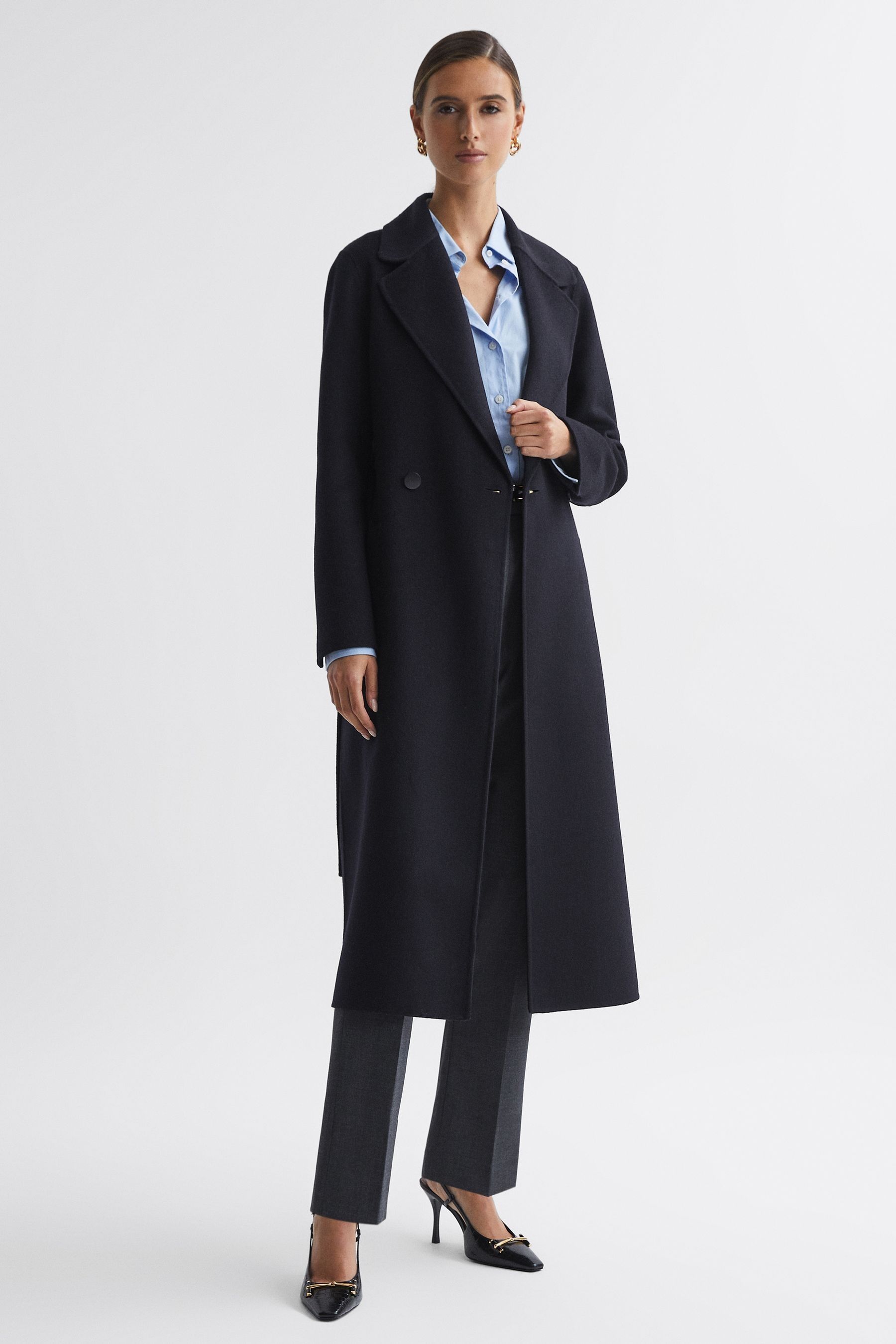 Reiss Lucia - Navy Relaxed Double Breasted Wool Blindseam Coat, Us 4