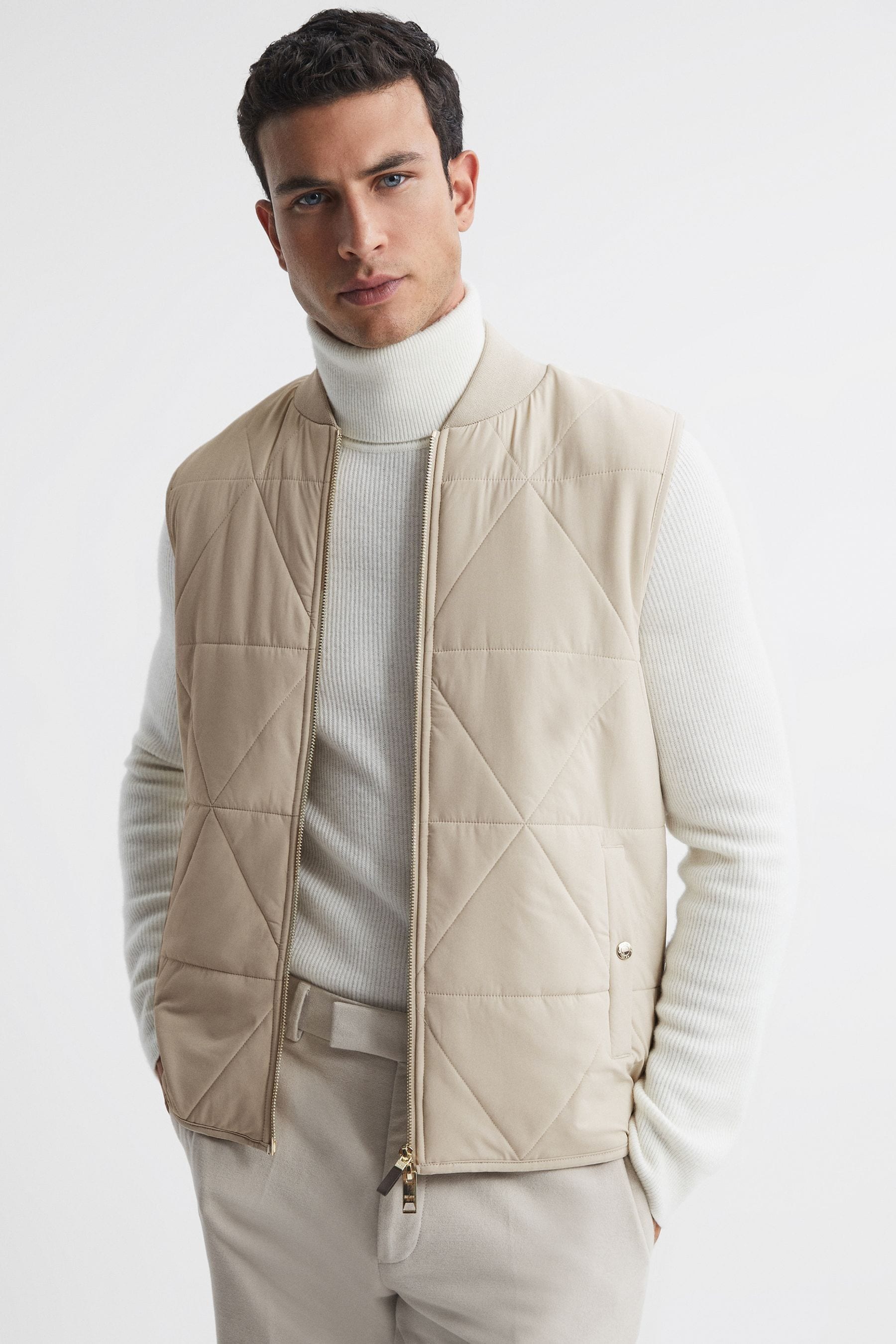 Reiss Ritchie - Stone Hybrid Knitted-quilted Sleeveless Jacket, M
