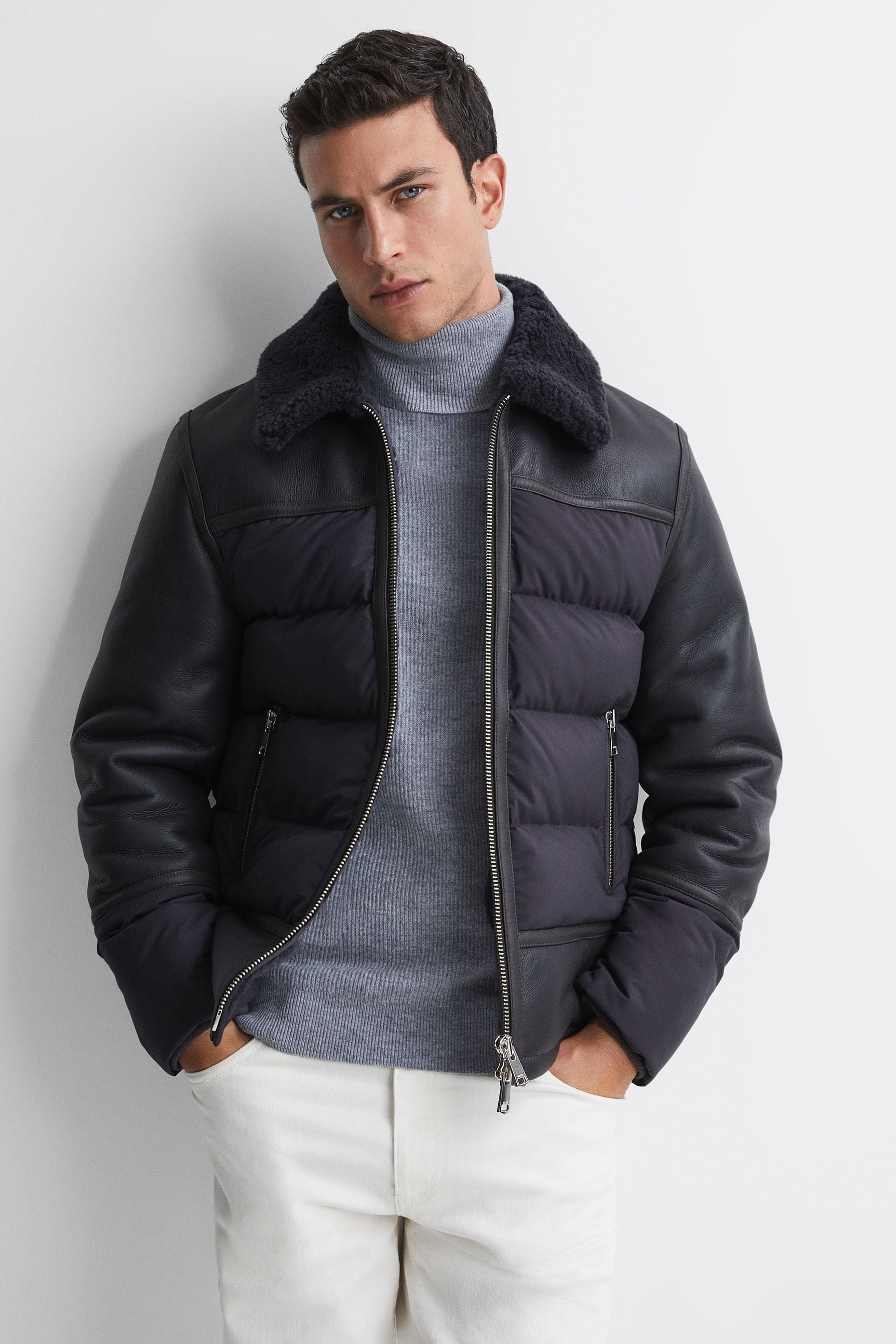 Reiss Bodmin - Grey Leather Quilted Shearling Coat, Xl