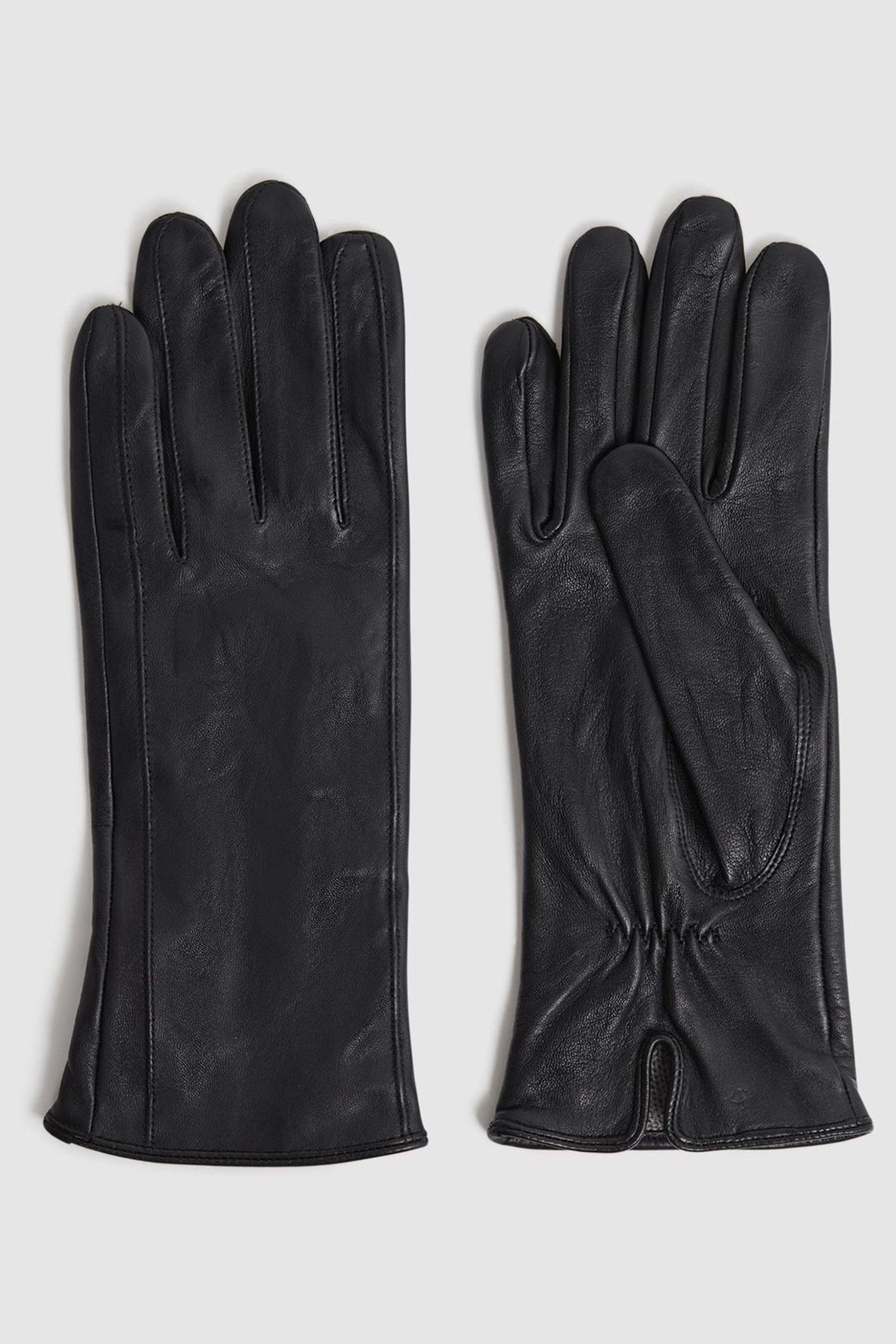 Reiss Giselle - Black Leather Ruched Gloves, Uk M-l