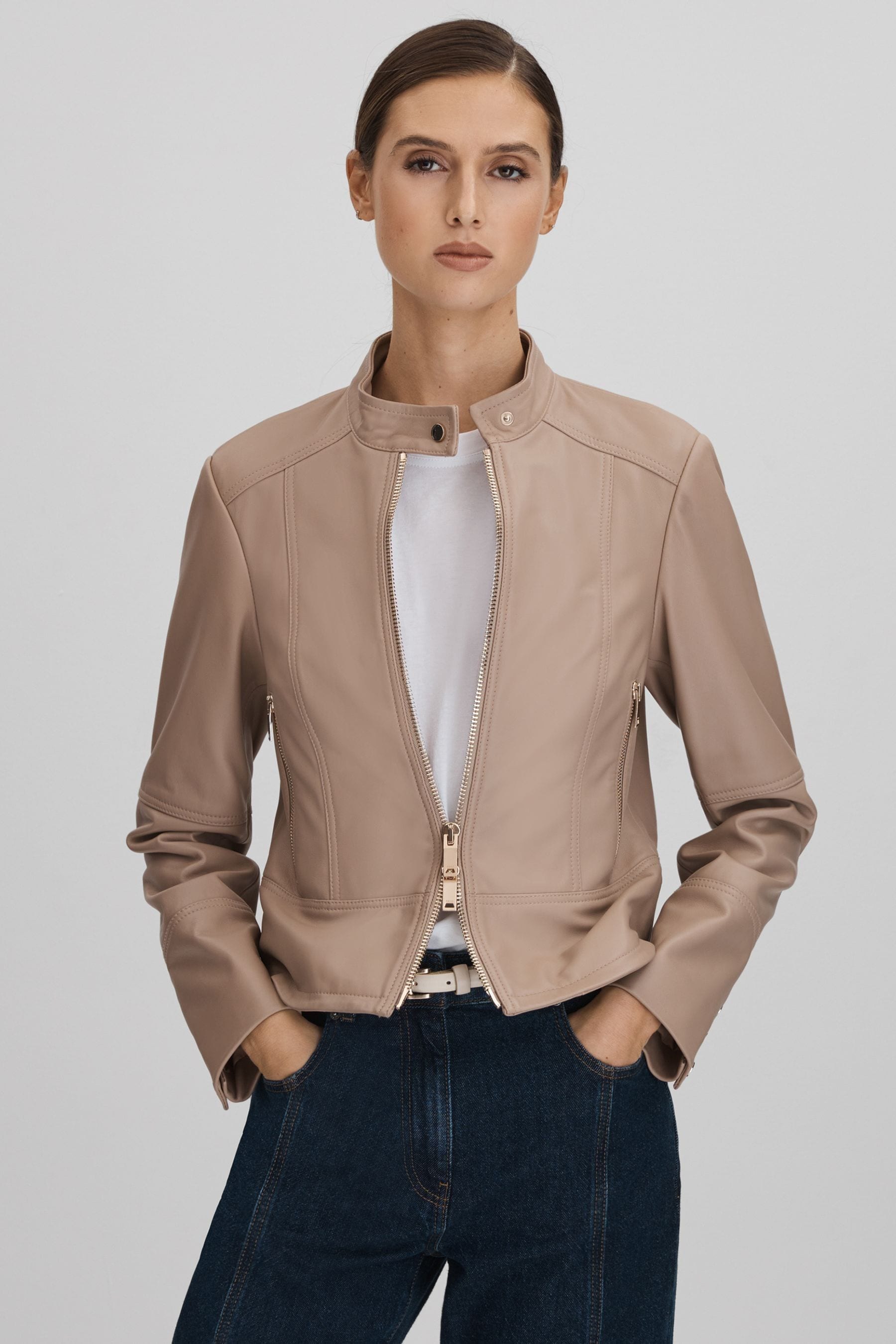 Reiss Lola - Neutral Leather Zip-front Jacket, Us 2